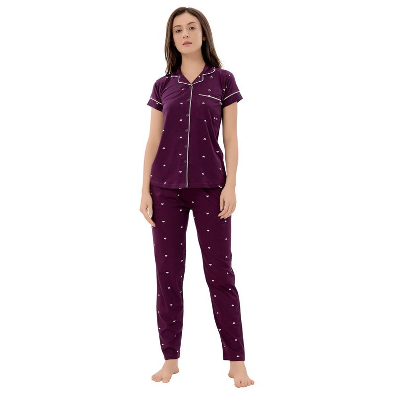 PIU Front Open Pure Cotton Half Sleeves Heart Print Nightsuit - Purple (Set of 2) (S)