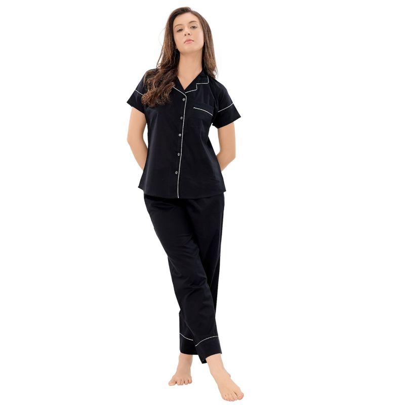 PIU Front Open Cotton Half Sleeves Solid Print Nightsuit - Black (Set of 2) (S)