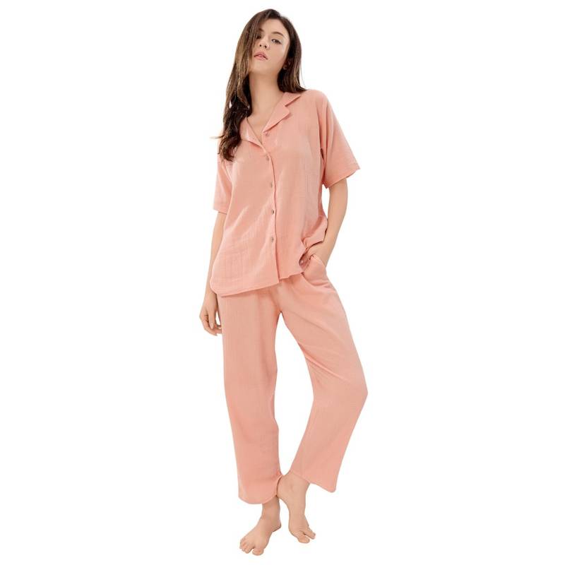 PIU Front Open Muslin Half Sleeves Solid Print Nightsuit - Peach (Set of 2) (XL)