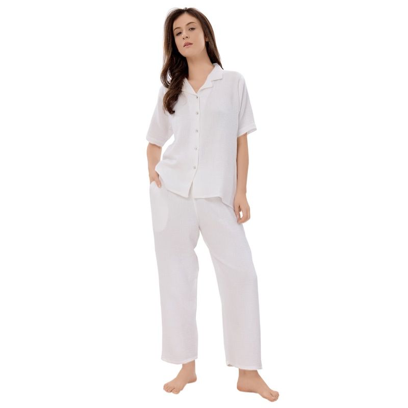 PIU Front Open Muslin Half Sleeves Solid Print Nightsuit - White (Set of 2) (L)