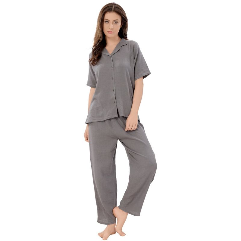 PIU Front Open Muslin Half Sleeves Solid Print Nightsuit - Grey (Set of 2) (S)
