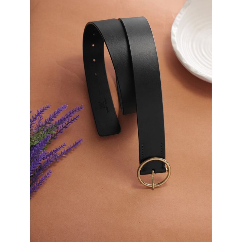 Aditi Wasan Womens Black Genuine Leather Golden O-Ring Buckle Belt (32)