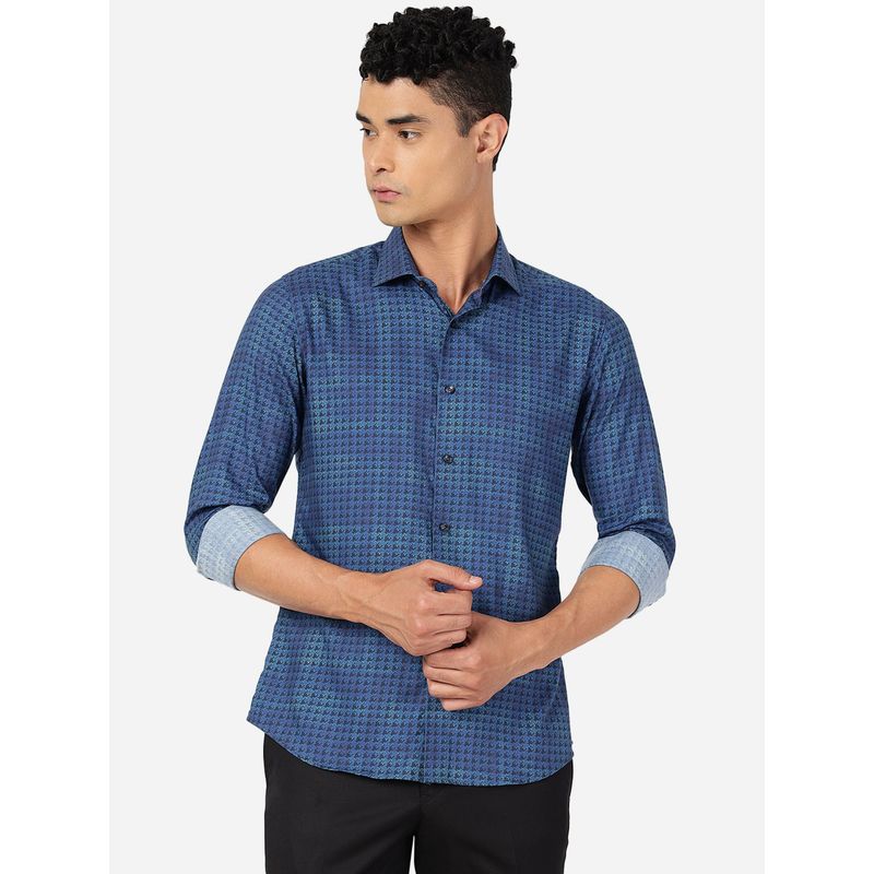 JB Studio Mens 100% Cotton Printed Slim Fit Party Wear Shirt Blue (40)