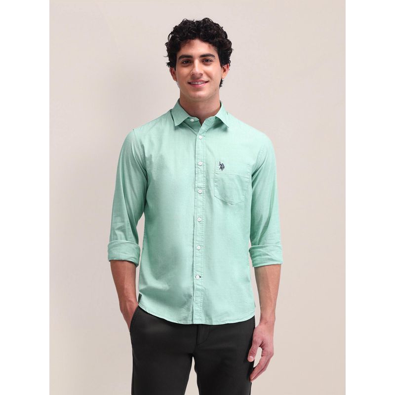 U.S. POLO ASSN. Solid Green Full Sleeves Collar Neck Regular Fit Shirt (42)