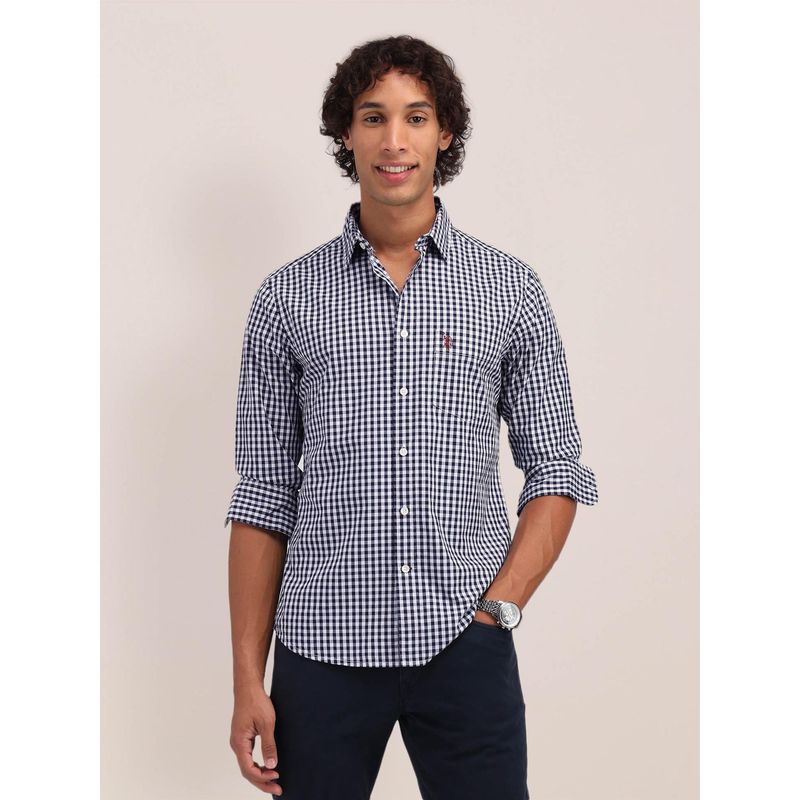 U.S. POLO ASSN. Checks Navy Blue Full Sleeves Collar Neck Regular Fit Shirt (42)