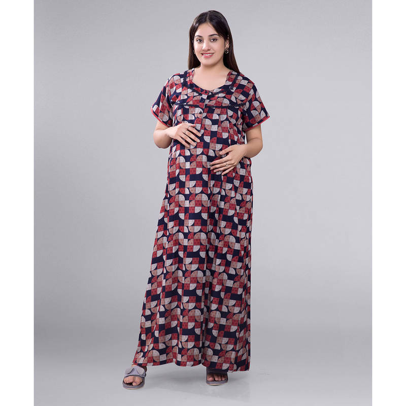 Mamma's Maternity Navy Blue Printed Maternity Nighty (M)
