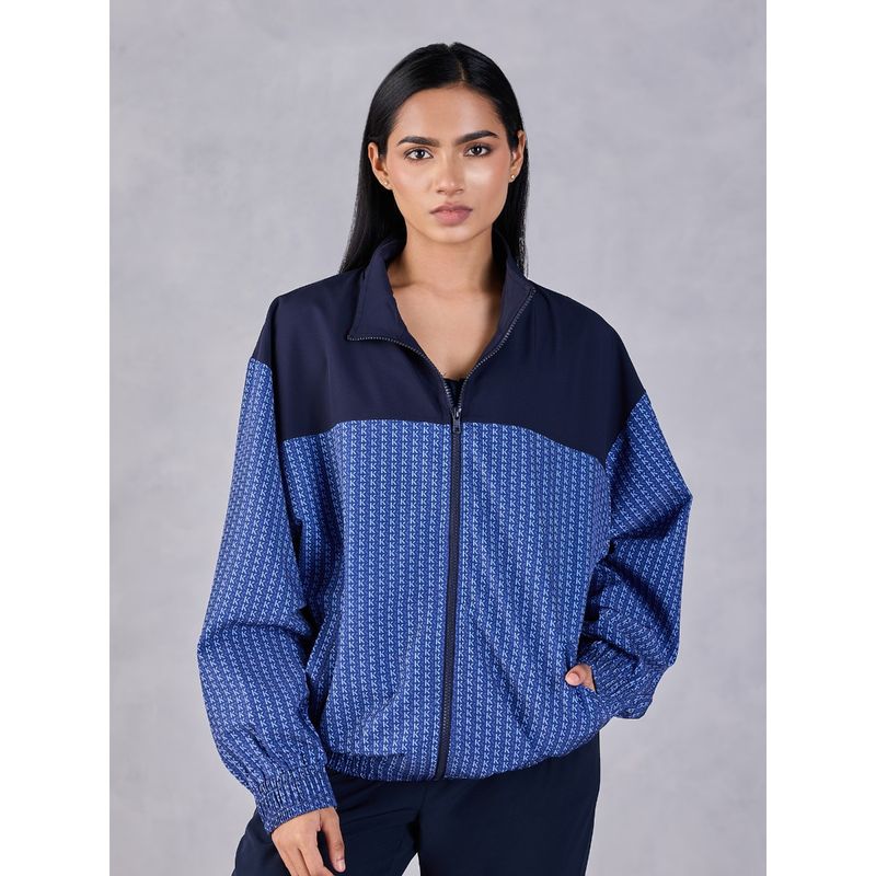 Kica Oversized Printed Bomber Jacket with Slit Pockets and Colourblock