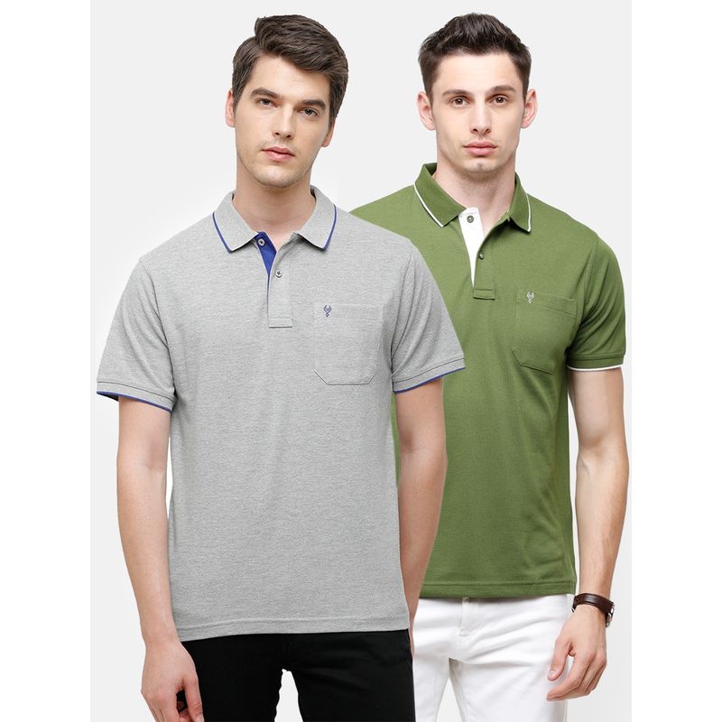 Classic Polo Men Solid Grey & Green Cotton Blend Regular Fit Polo T-Shirts (Pack of 2) (M)