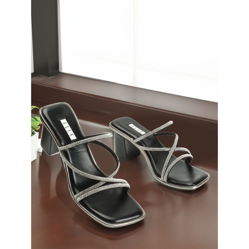 ELLE Womens Embellished Black Color Slip On Sandals (EURO 37)