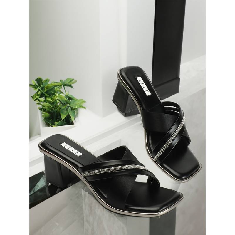 ELLE Womens Fashionable Black Color Slip On Sqaure Toe Sandals (EURO 36)