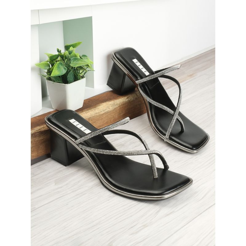 ELLE Womens Block Heel Black Color Slip On Sandals (EURO 39)
