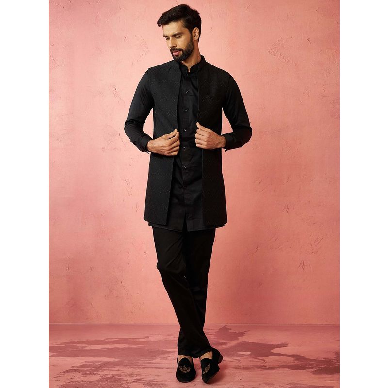 Vastramay Black Satin Regular Full Sleeves Kurta With Jacket & Pyjama (36)