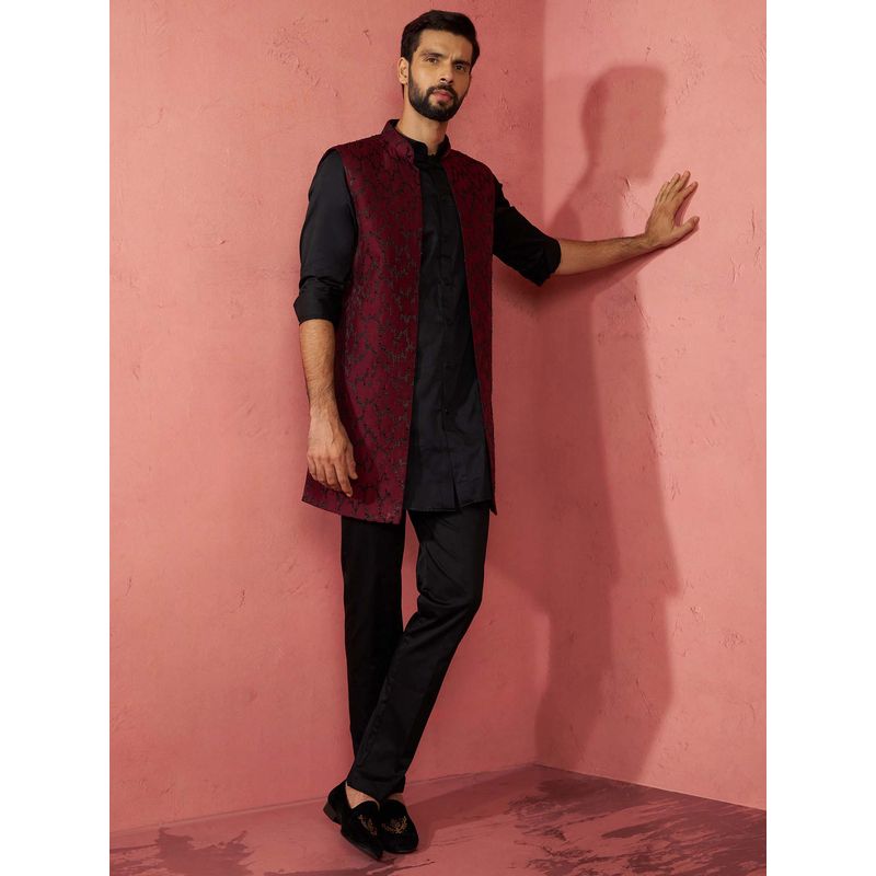 Vastramay Maroon Satin Regular Full Sleeves Kurta With Jacket & Pyjama (36)