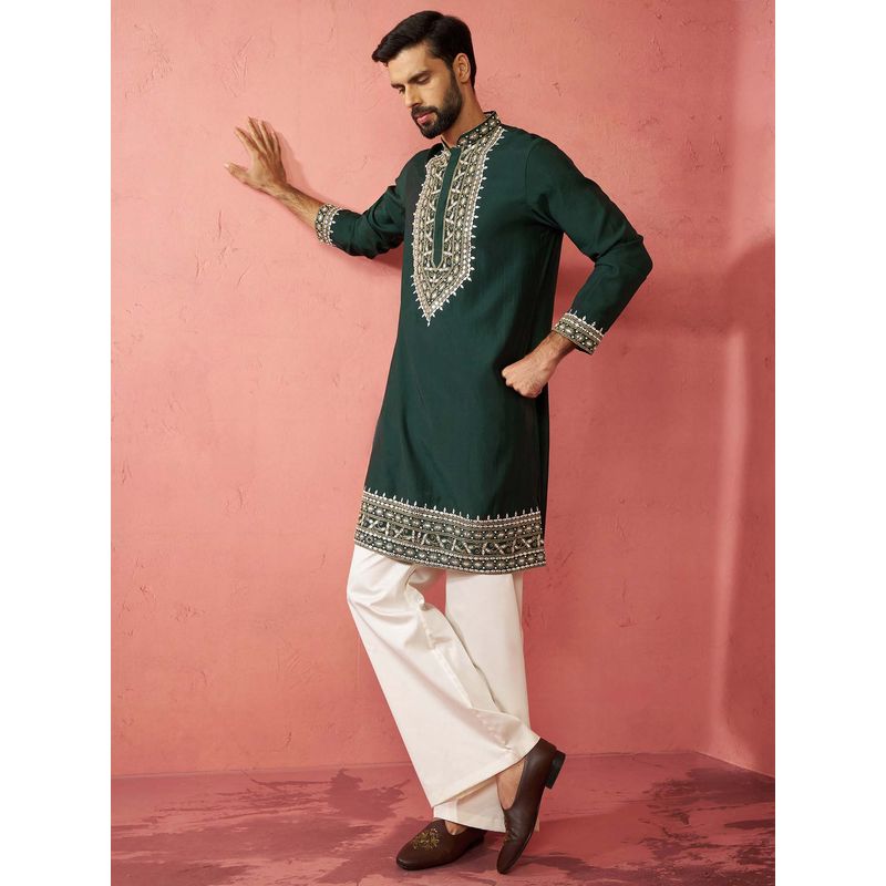 Vastramay Green Chanderi Regular Full Sleeves Kurta With Pant (XL)
