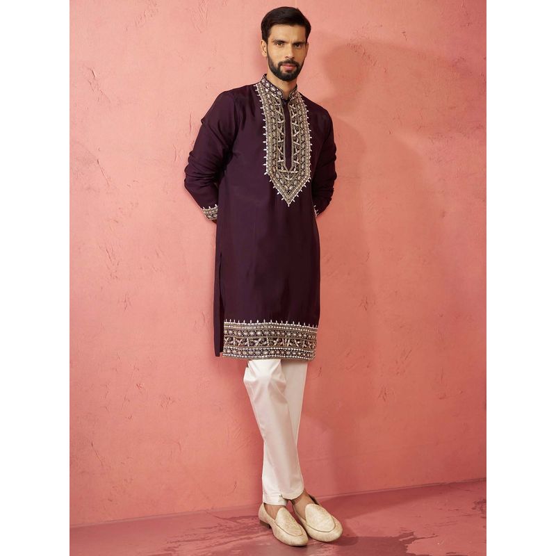 Vastramay Purple Chanderi Regular Full Sleeves Kurta With Pyjama (S)