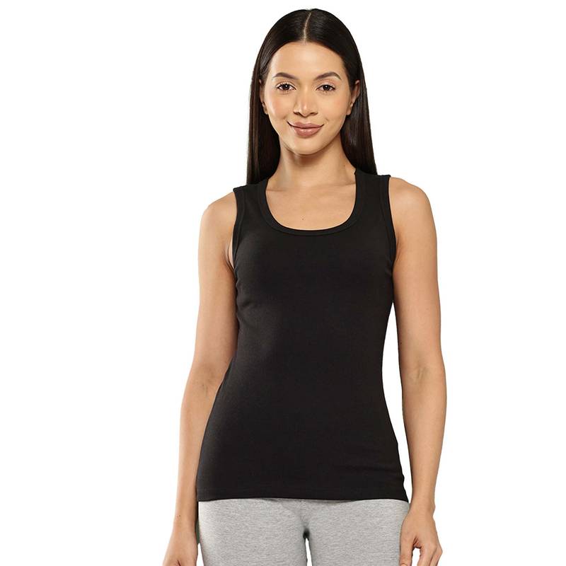 Leading Lady Cotton Black Thermal Round Neck Sleeveless Tank Top (M)
