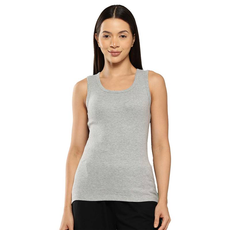 Leading Lady Cotton Grey Thermal Sleeveless Tank Top Round Neck (L)