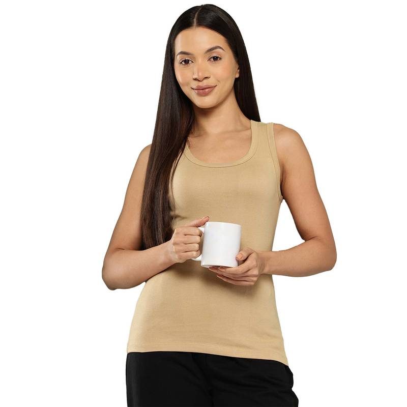 Leading Lady Cotton Beige Thermal Sleeveless Tank Top Round Neck (2XL)