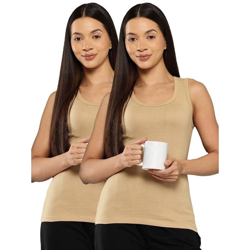 Leading Lady Cotton Beige Thermal Sleeveless Tank Top (Pack Of 2) (2XL)
