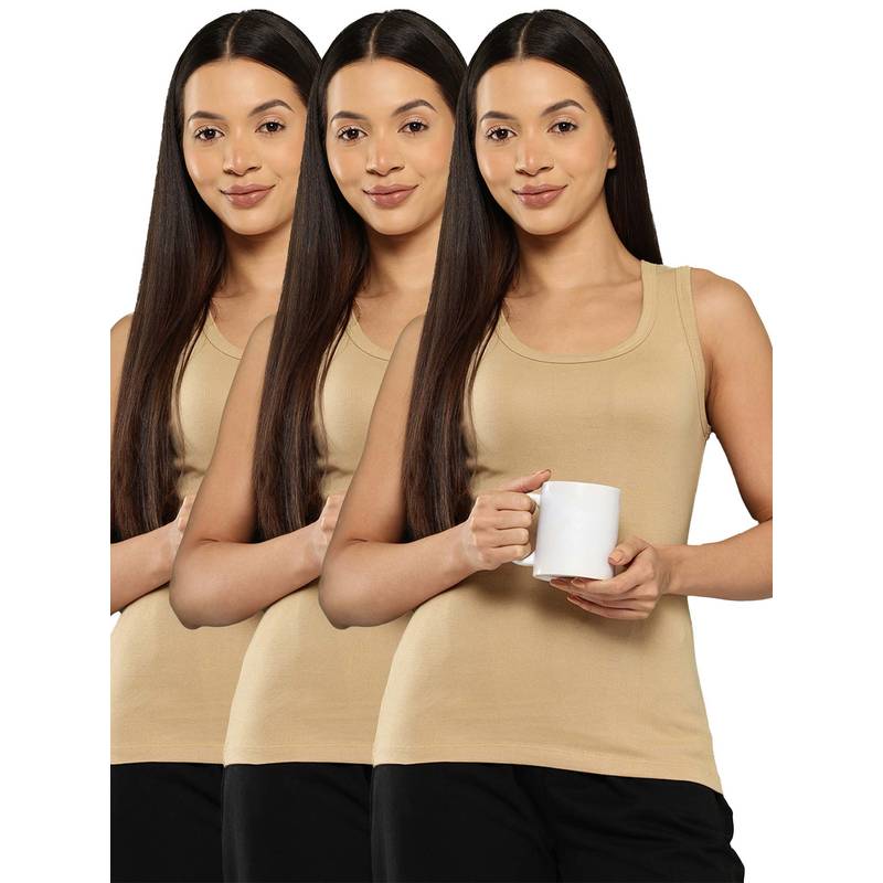 Leading Lady Cotton Beige Thermal Sleeveless Tank Top (Pack Of 3) (L)