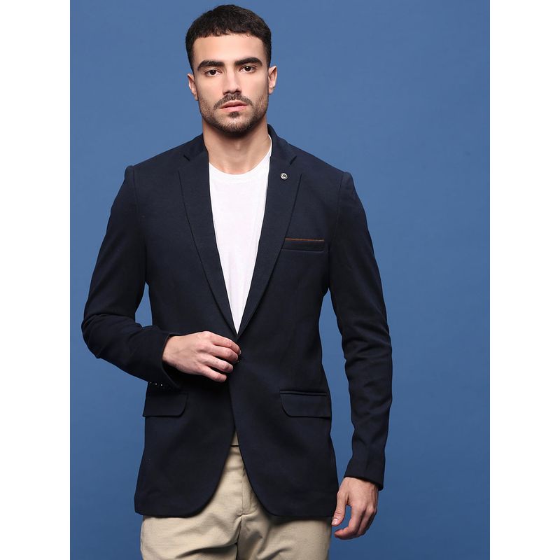 SHOWOFF Men Navy Blue Solid Single Breasted Blazer (S)