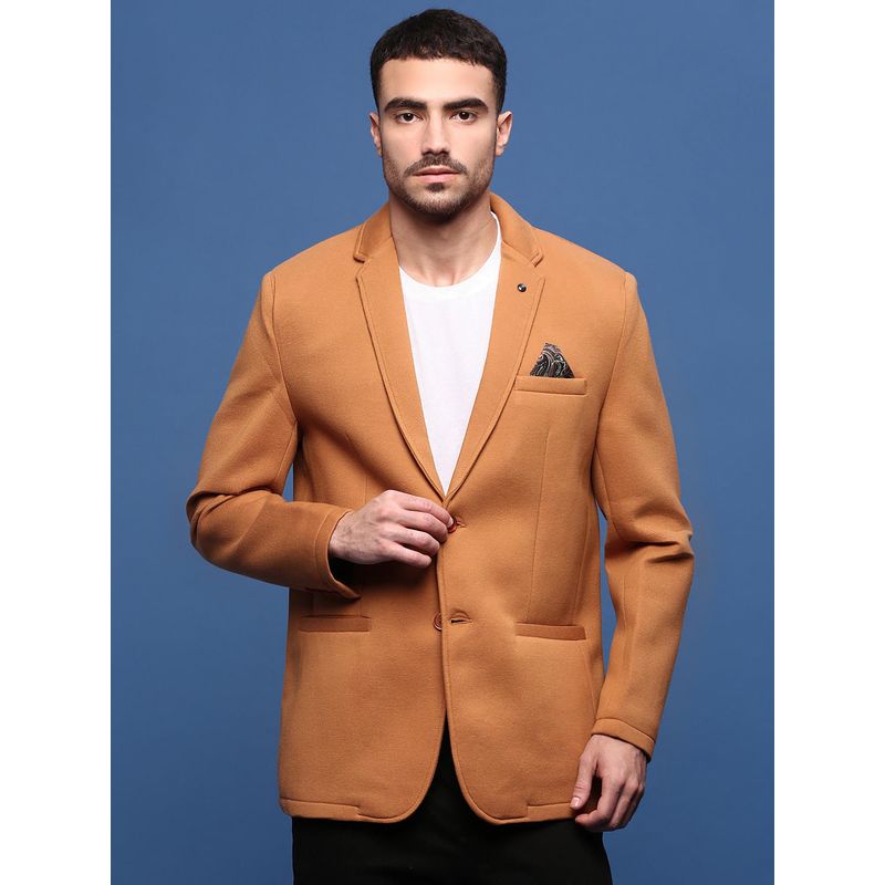 SHOWOFF Men Camel Brown Solid Single Breasted Blazer (S)