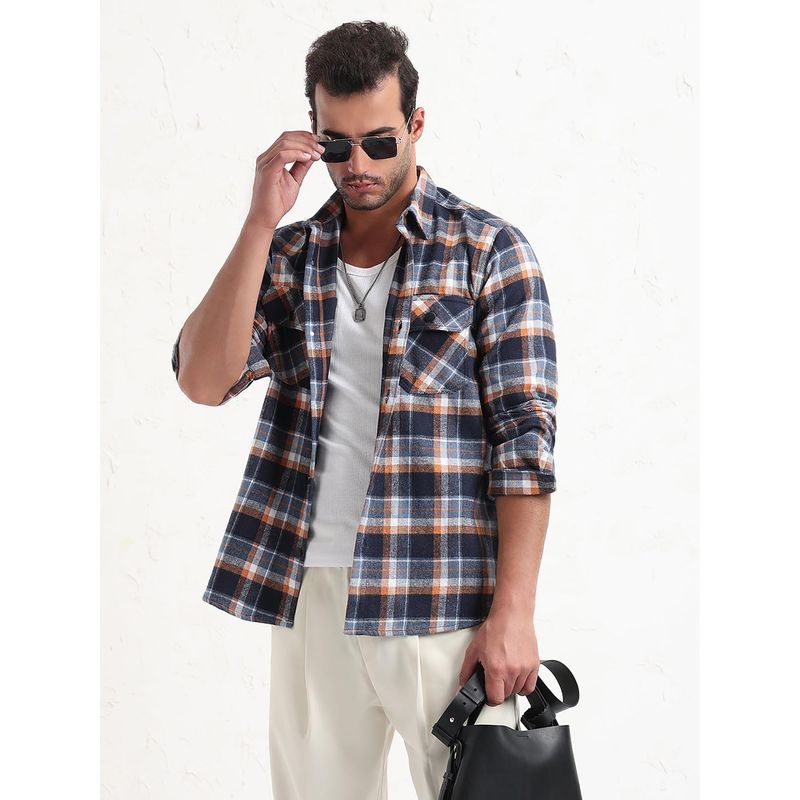 SHOWOFF Men Navy Blue Checked Slim Fit Shacket (6XL)