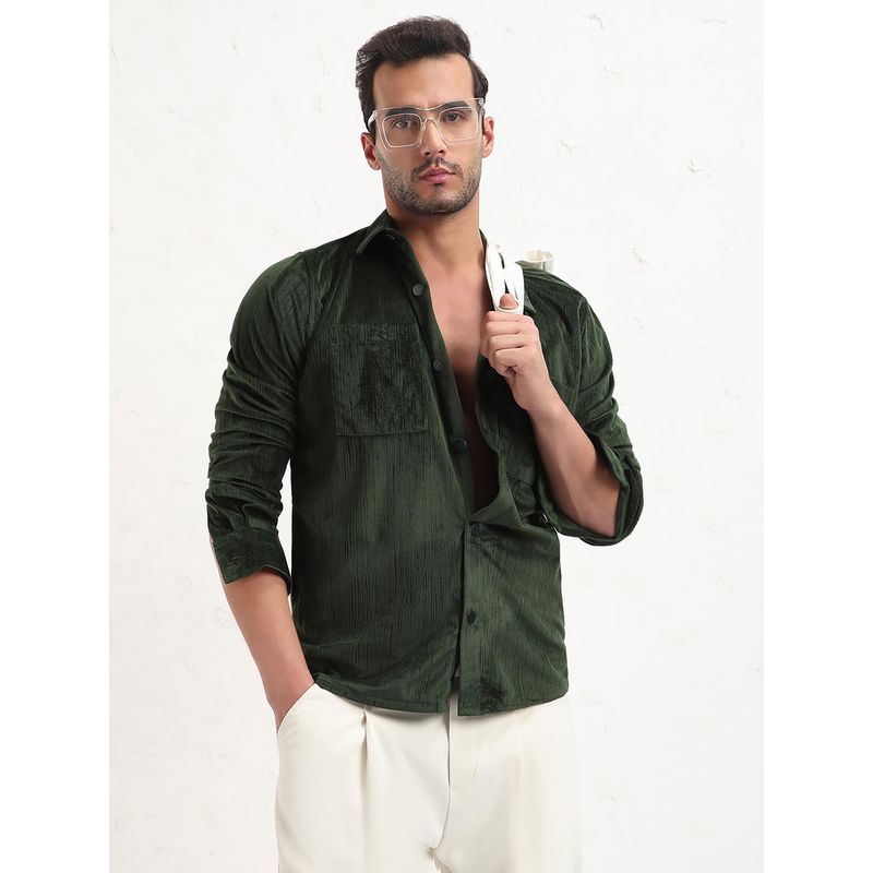SHOWOFF Men Green Solid Slim Fit Shacket (S)