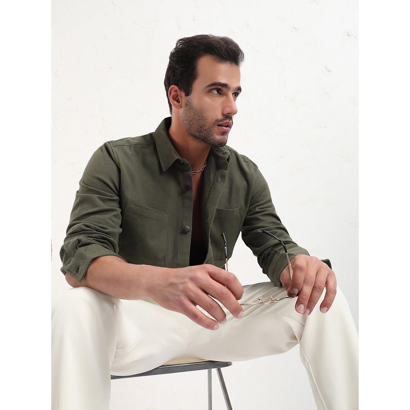 SHOWOFF Men Green Solid Slim Fit Shacket (XL)