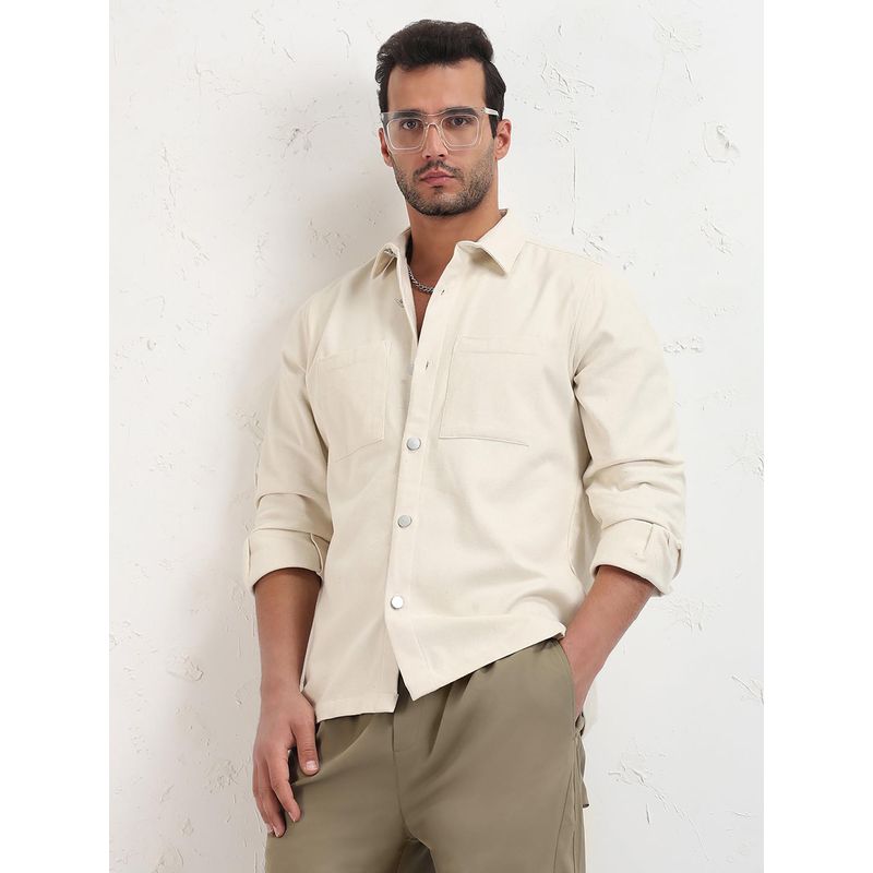 SHOWOFF Men Cream Solid Slim Fit Shacket (4XL)