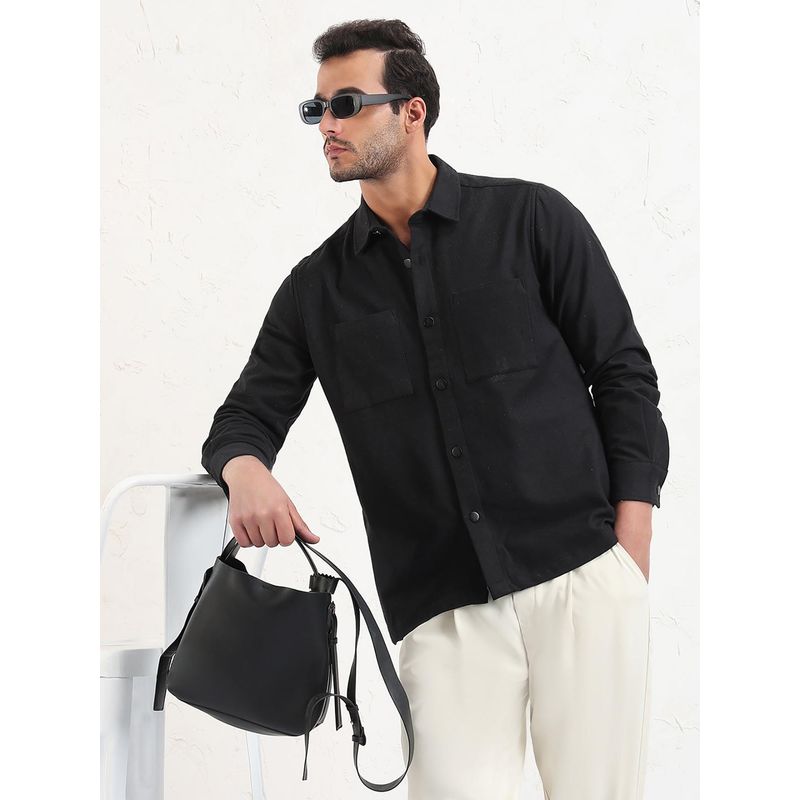 SHOWOFF Men Black Solid Slim Fit Shacket (S)
