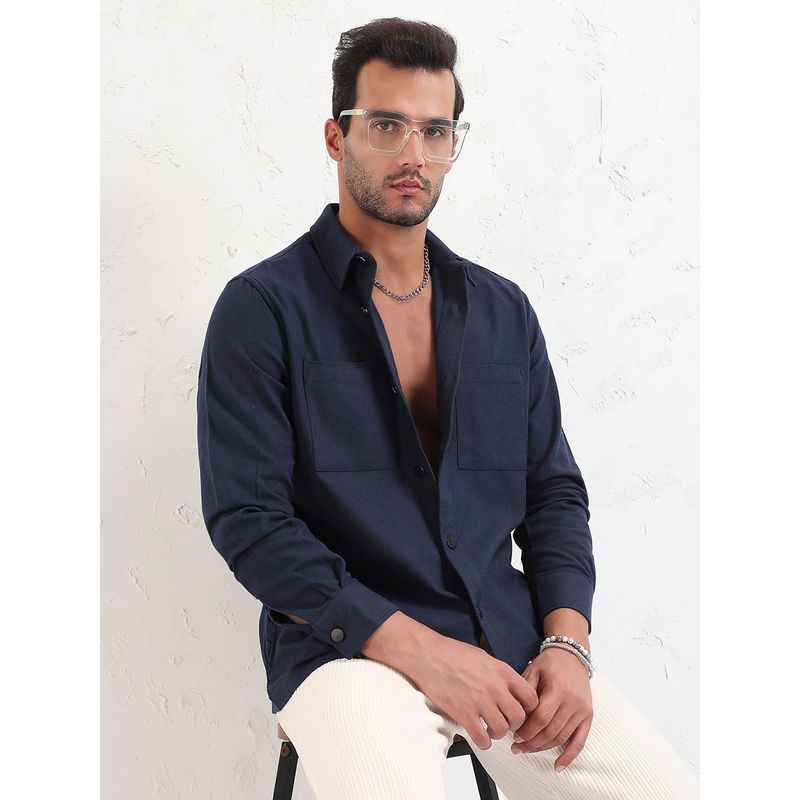 SHOWOFF Men Navy Blue Solid Slim Fit Shacket (4XL)