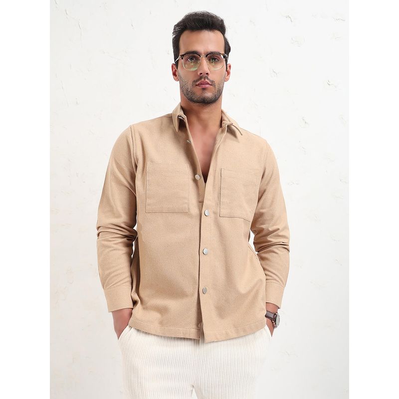 SHOWOFF Men Beige Solid Slim Fit Shacket (M)