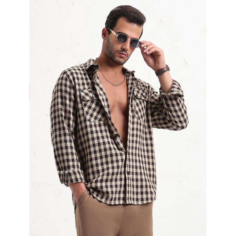 SHOWOFF Men Beige Checked Slim Fit Shacket (XL)