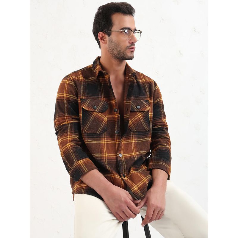 SHOWOFF Men Brown Checked Slim Fit Shacket (L)