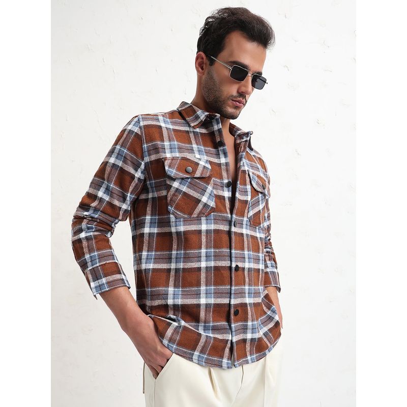 SHOWOFF Men Brown Checked Slim Fit Shacket (S)