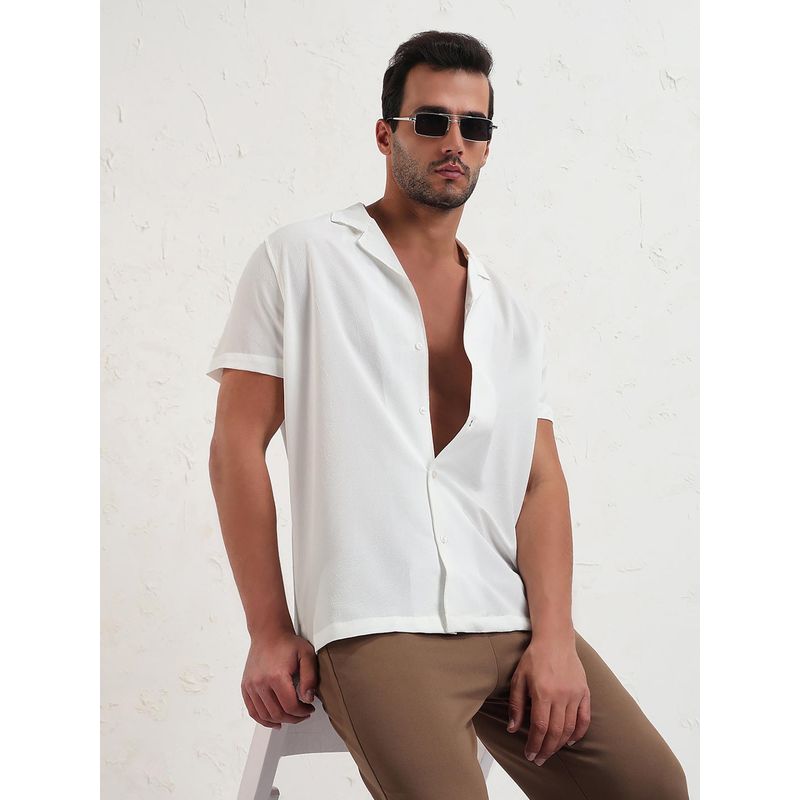 SHOWOFF Men White Cuban Collar Solid Relaxed Fit Shirt (S)