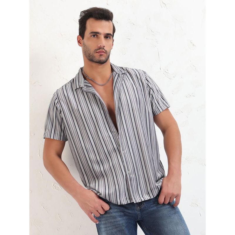 SHOWOFF Men Grey Cuban Collar Striped Relaxed Fit Shirt (S)