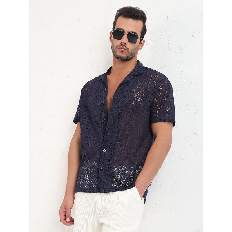 SHOWOFF Edition Men Navy Blue Cuban Collar Textured Relaxed Fit Crochet Shirt (M)