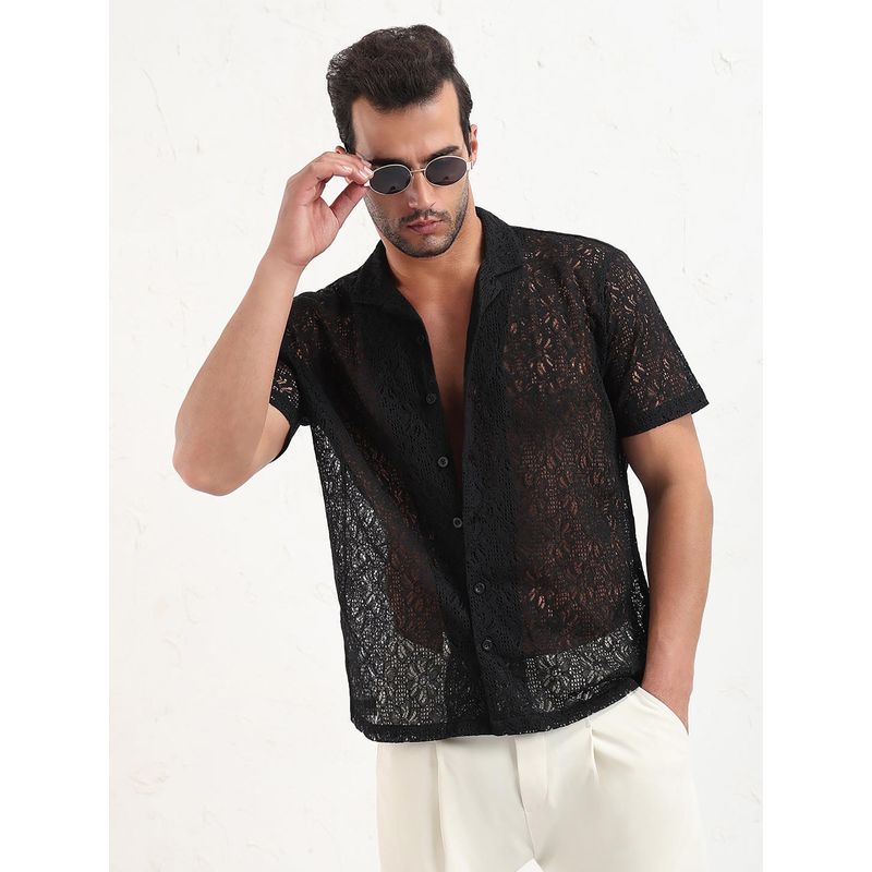 SHOWOFF Edition Men Black Cuban Collar Textured Relaxed Fit Crochet Shirt (S)
