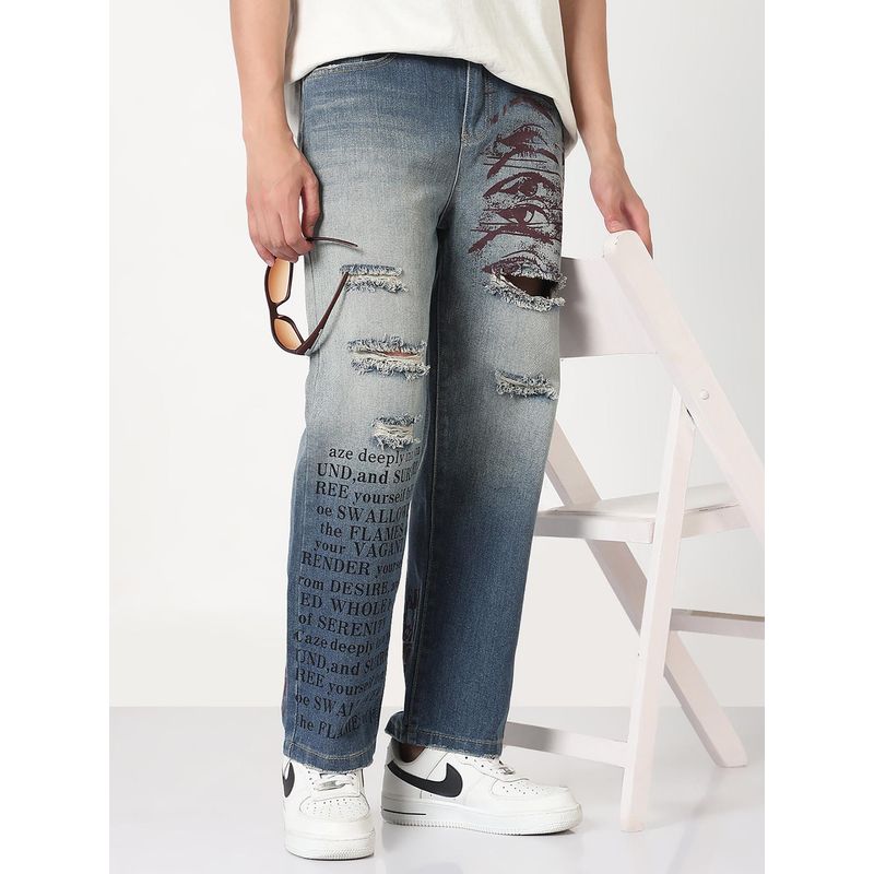 SHOWOFF Mens Blue Typography Print Straight Fit Jeans (32)