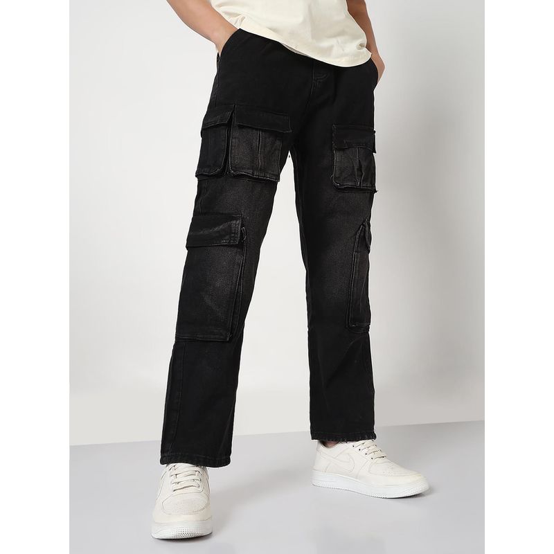 SHOWOFF Mens Black Straight Fit Cargo Pocket Jeans (28)
