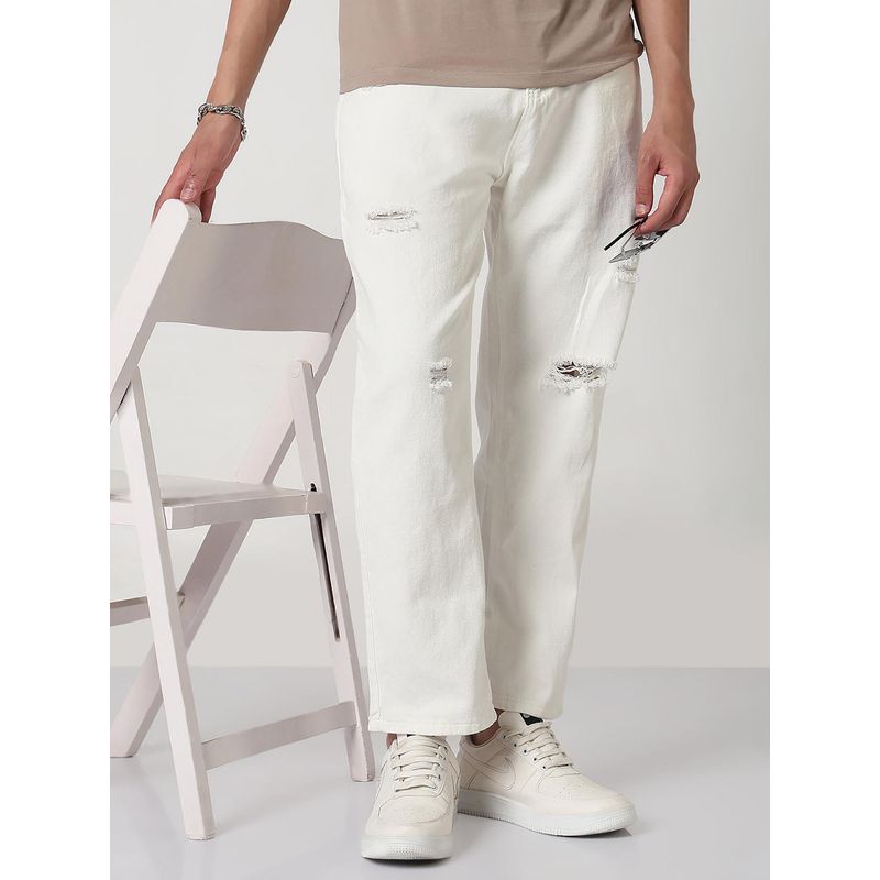 SHOWOFF Mens White Distressed Straight Fit Jeans (30)