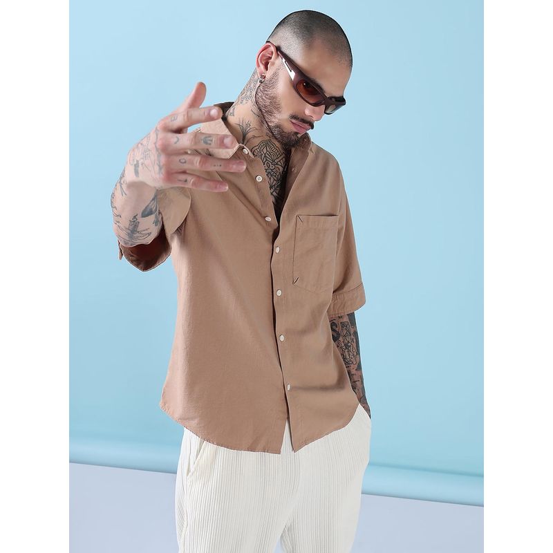 SHOWOFF Men Beige Cotton Typography Shirt (S)