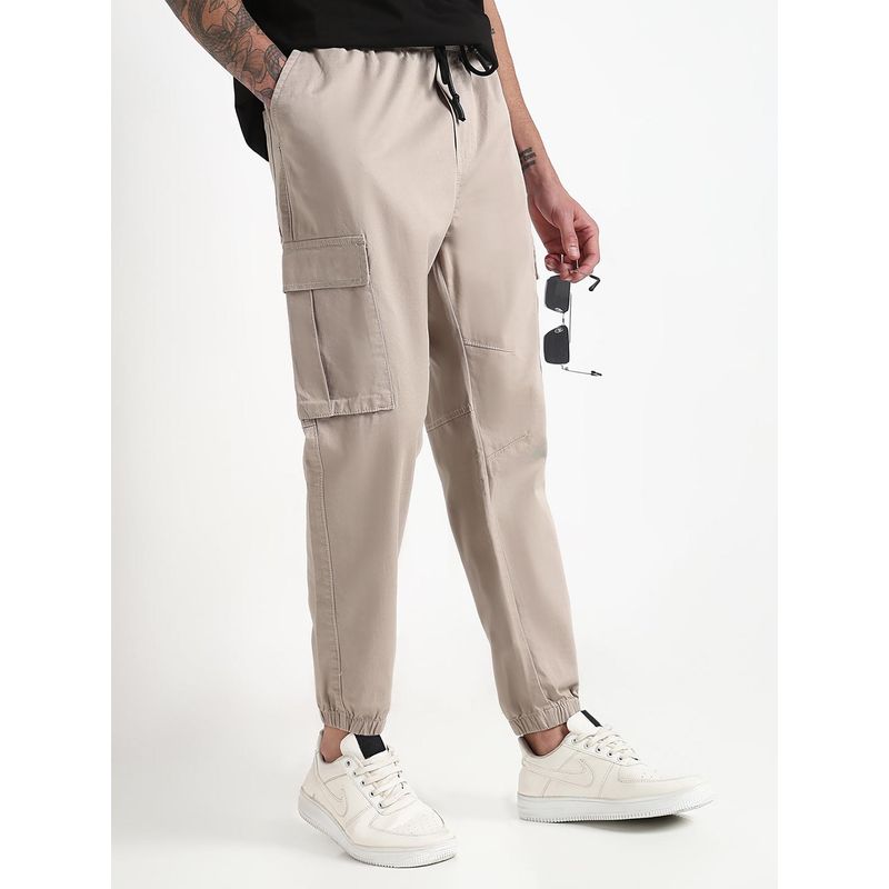 SHOWOFF Men Cream Cotton Solid Regular Fit Joggers (36)