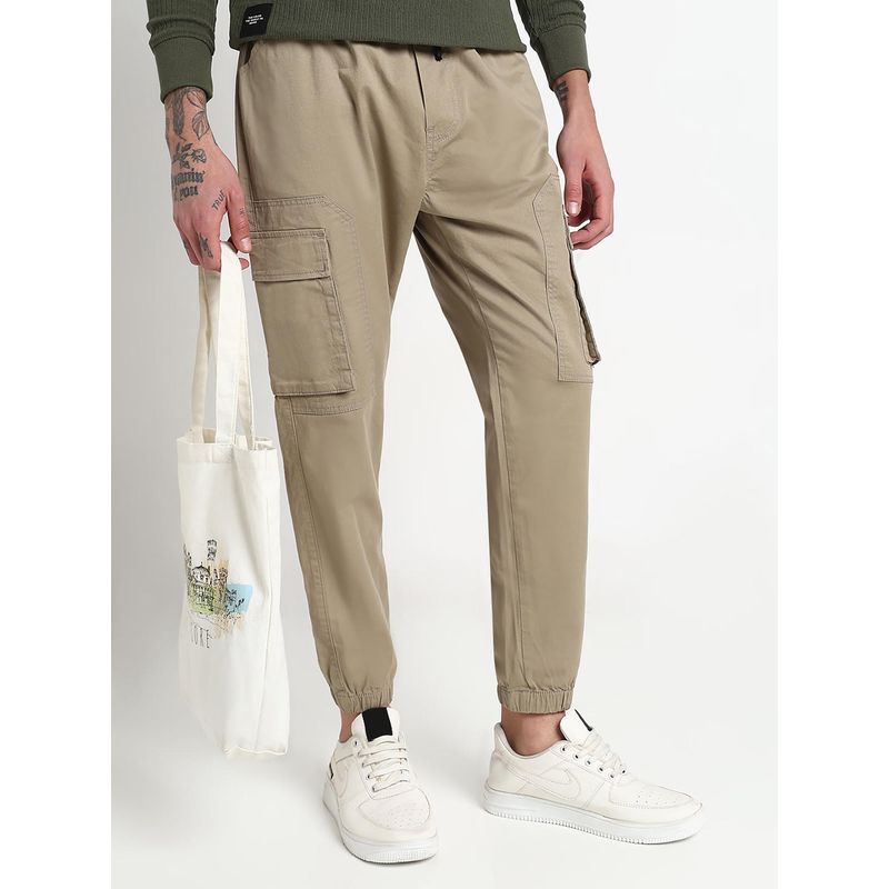 SHOWOFF Men Khaki Cotton Solid Regular Fit Joggers (30)