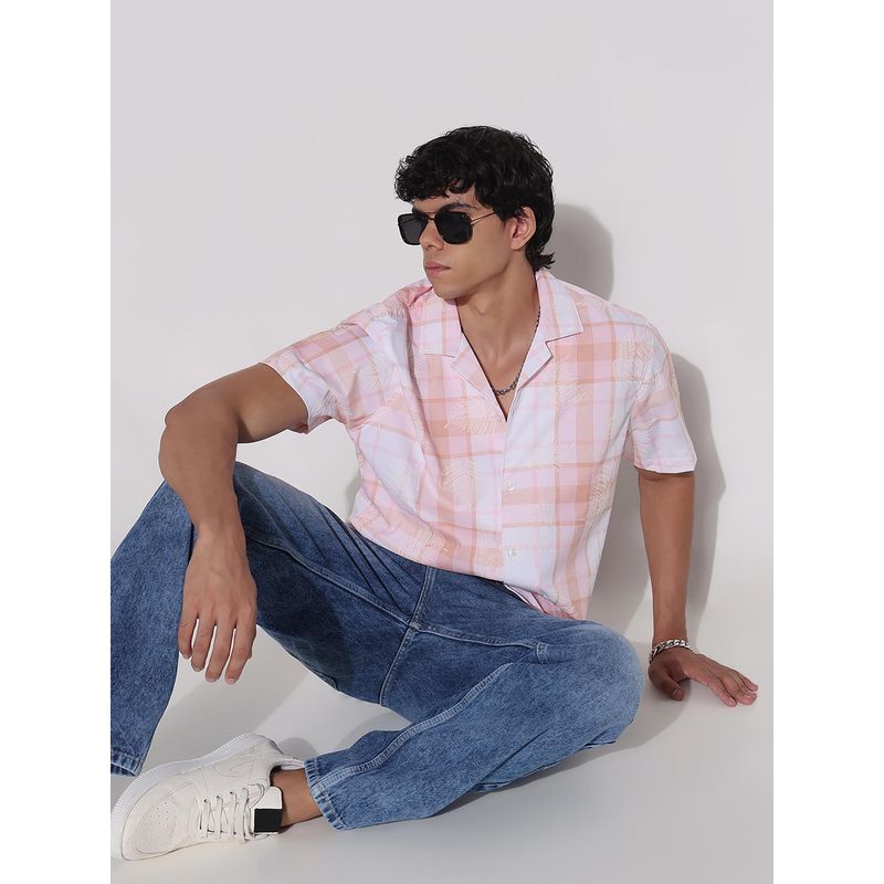 SHOWOFF Mens Peach Checked Collar Relaxed Fit Shirt (S)