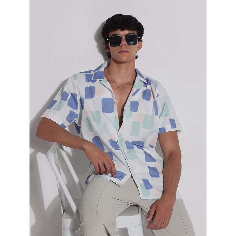 SHOWOFF Mens White and Blue Printed Collar Relaxed Fit Shirt (S)