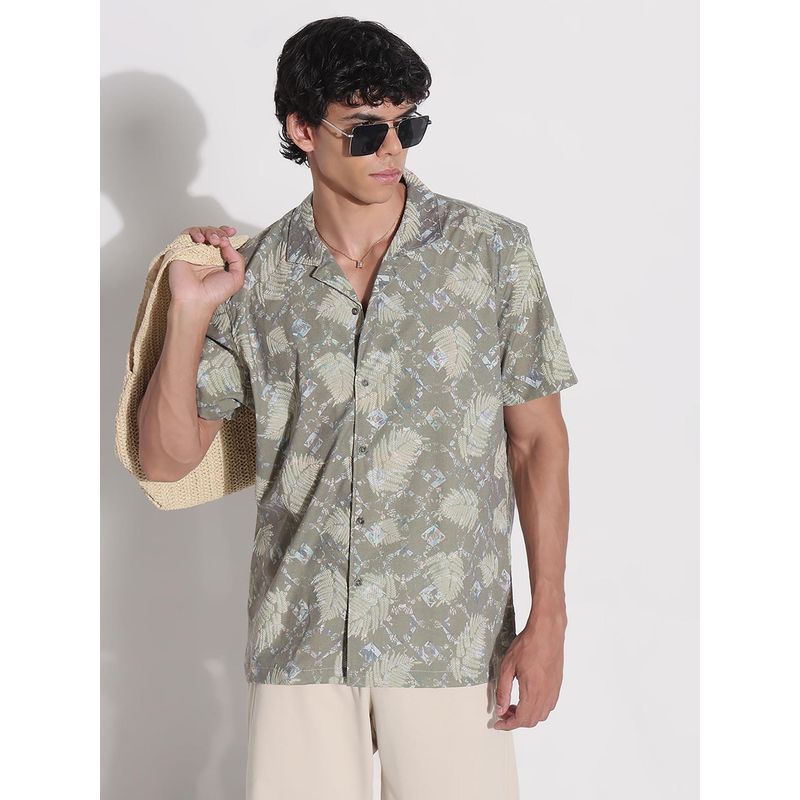 SHOWOFF Mens Olive Printed Collar Relaxed Fit Shirt (S)