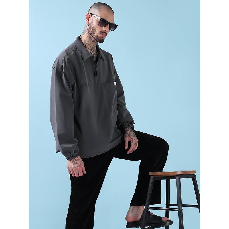 SHOWOFF Edition Men's Spread Collar Grey Solid Half Zipper Jacket (M)